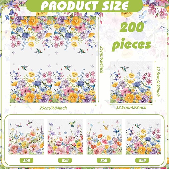 Janlaugh 200 Pcs Summer Floral Cocktail Napkins Disposable 2 Ply Flower Hummingbird Butterfly Dinner Paper Napkins Bulk for Summer Party Favor Supplies