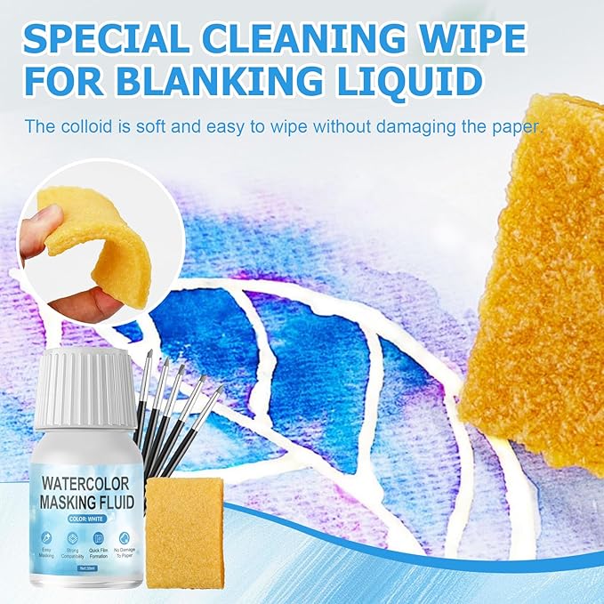 WANJAO Masking Fluid for Watercolor Painting, Liquid Masking Tape with Silicone Pens Cleaning Brush for Painting Fast Drying Easy Peel Use to Art Watercolor Supplies Retouching Covering, 30ml White