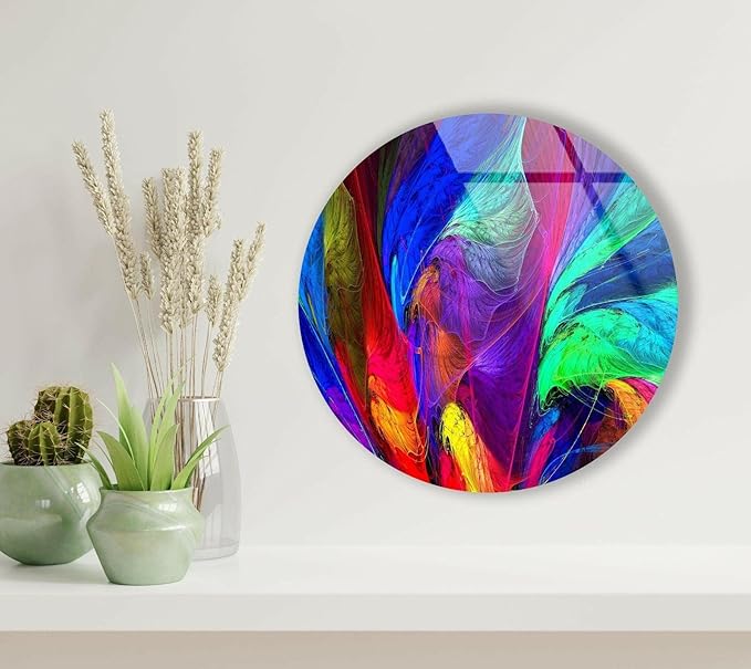 My Photostation.com 31.5''(80cm) Diameter Neon Colors Abstract Round Glass Wall Art Tempered Glass Printing Wall Decor Large Wall Art Wall Hangings