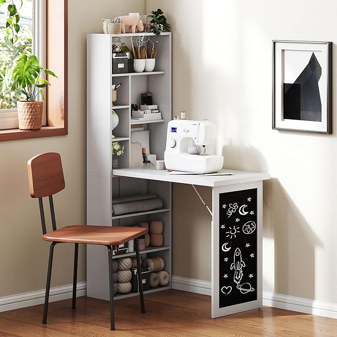 HOMCOM Fold-Out Convertible Writing Table, Wall Mount Desk Cabinet with Blackboard and Side Shelf Multi-Function Home Office Workstation, White