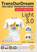 TransOurDream Tru-Heat Transfer Paper for Inkjet & Laserjet Printer (30 Sheets 8.5x11, 3.0) Printable HTV Heat Transfer Vinyl for T Shirts Iron on Transfers for Light Fabrics (L3-33)