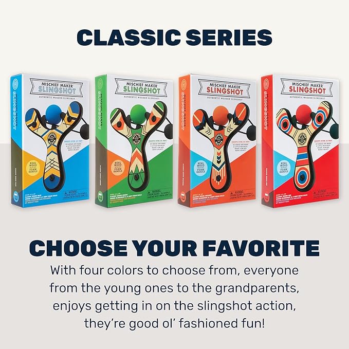 Mighty Fun! - Mischief Maker® Wooden Slingshot - Classic Series - Real Wood Slingshot for Kids, 4 Soft Foam Balls and Storage Bag - Ages 4+ (Blue)
