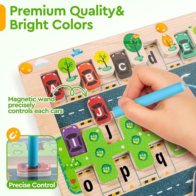 Magnetic Alphabet Maze - Montessori Parking Board Letters Matching Educational Toys Magnet Puzzle Preschool Sensory Activities Gifts for Toddlers Boys Girls Age 2-6
