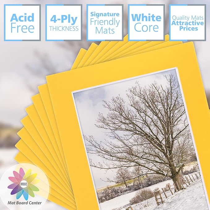 Mat Board Center, Pack of 10, 5x7 for 4x6 Deep Yellow Color Mats - Bevel Cut, Acid Free, 4-ply Thickness, White Core - for Pictures, Photos, Framing
