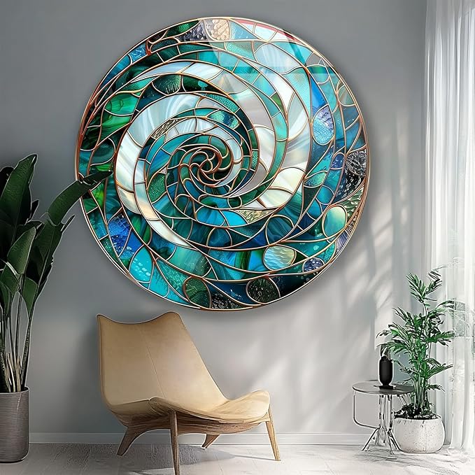 My Photostation.com 24''(60cm) Diameter Aqua Spiral Harmony Round Glass Wall Art Tempered Glass Printing Wall Decor Large Wall Art Wall Hangings