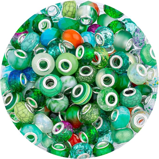 LAIDANLA Green Mix Large Hole Beads, 100pcs 15mm x 5mm Round Resin, Plastic, Acrylic Loose Beads for Jewelry Making, Bracelet, Necklace, Earrings, Keychain, DIY Gifts