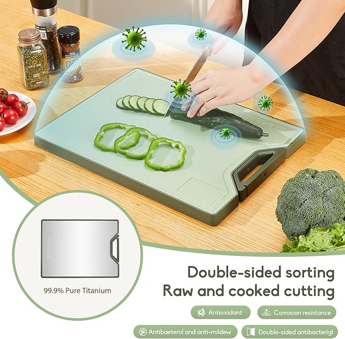 Titanium Cutting Board – Double Sided Cutting Boards for kitchen, Pure Titanium & Wheat Straw PP, Food-Grade Metal Chopping Board, Easy to Clean Large Size 16"x11"