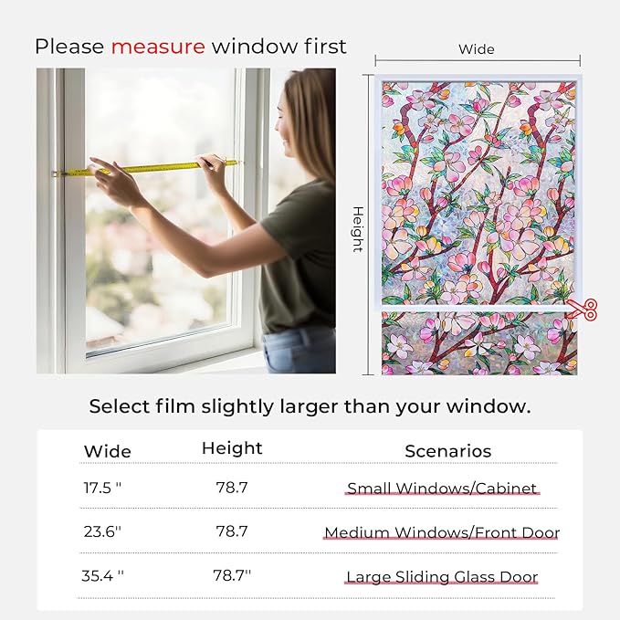 Window Privacy Film Rainbow Film Stained Glass 3D Static Cling Decorative Window Sticker for Bathroom,Front Door,Home Heat Control UV Blocking Non Adhesive,Peach Blossom 35.4 x 78.7inches
