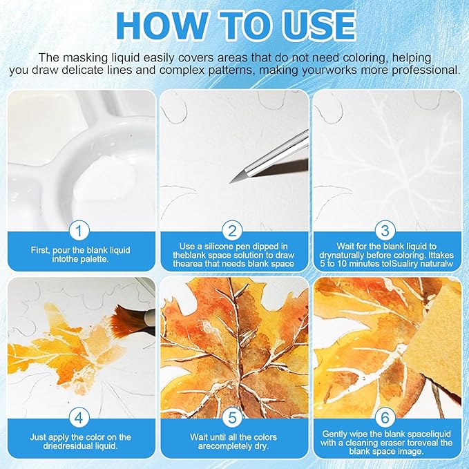 WANJAO Masking Fluid for Watercolor Painting, Liquid Masking Tape with Silicone Pens Cleaning Brush for Painting Fast Drying Easy Peel Use to Art Watercolor Supplies Retouching Covering, 30ml White