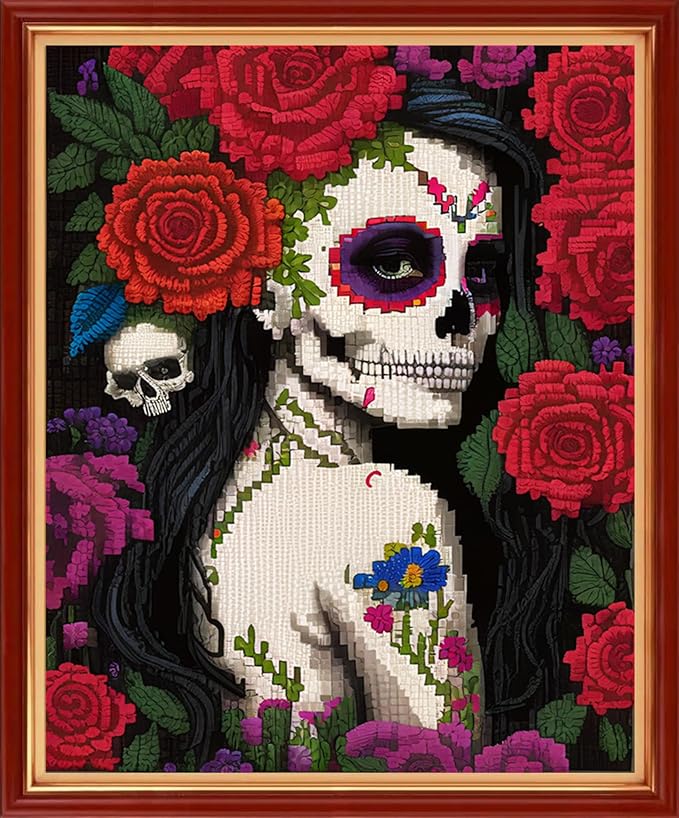 Dimensean Stamped Cross Stitch Kits Full Range of Embroidery Patterns Starter Kits for Beginners Adult or Kids DIY Cross Stitches Needlepoint Kit 11CT-Flower Skeleton Girl 16x20 inch