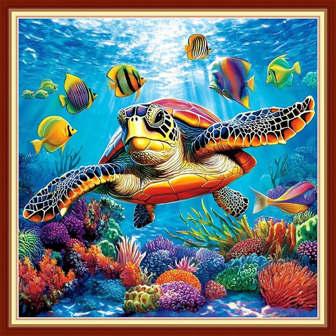 Joyhoor Cross Stitch Kits for Beginners Stamped Cross-Stitch Supplies Needlework preprint Embroidery Kits for Adults DIY Needlepoint Kits Embroidery Patterns 11CT-Underwater sea Turtle 18x18 inchs