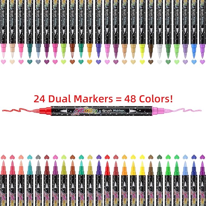 48 Colors Dual-tip Watercolor Markers, 24 Pack Glitter Brush Markers, Water-based Ink Sparkle Pen,Glitter Paint Pens for Adults Coloring,DIY Crafts,Doodle Writing,Art Crafts Gifts