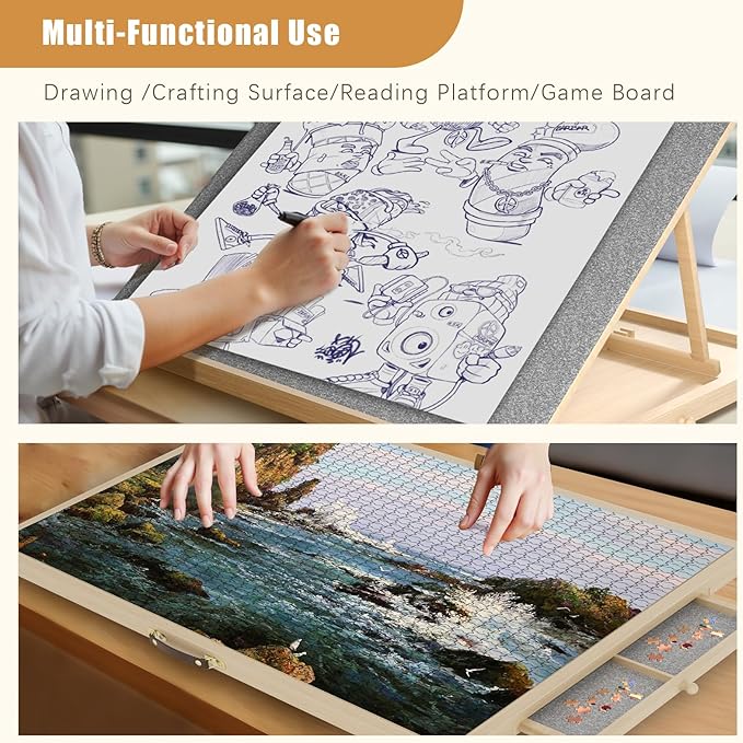 1500 Pieces 2-in-1 Tilting & Rotating Puzzle Board with 4-Angle Adjustment & Dual Rotation Mode, 34.05"x24.8" Portable Wooden Lazy Susan Jigsaw Puzzle Table with Drawers and Cover for Adults Gifts