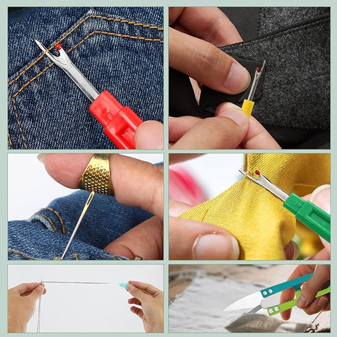 Thimbles for Hand Sewing, Cross Stitch Supplies, Embroidery Thimble, Sashiko Finger Protectors, Quilting Thumb Protector Pads, Includes Thimble, Seam Ripper, Thread and Thread Snips, Etc.