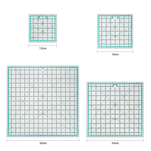 MANUFORE 4pcs Square Quilting Ruler (32cm/24cm/16cm/12cm) Sewing Acrylic Ruler Anti-Slip Metric Ruler DIY Quilting Tools with Clear Printed Lines for Precise Cutting