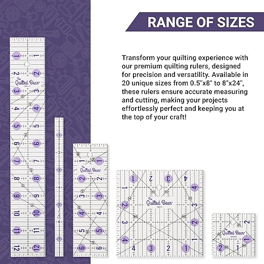 The Quilted Bear Quilting Rulers - Transparent Acrylic Non Slip Quilting, Patchwork & Sewing Ruler with Clear Black Lines & 30, 45 & 60 Degree Angles for Perfect Accuracy & Precision (Shape Ruler)