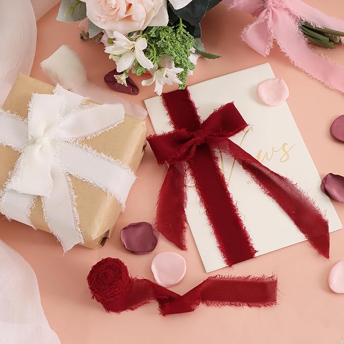 TONIFUL 4 Rolls Silk Chiffon Ribbon, 1-1/2 Inch x 22yds, Gold Chiffon Ribbons Set, Handmade Fringe Silk Ribbon for Gift Wrapping Bridal Bouquets Wedding Invitations Decoration Crafts