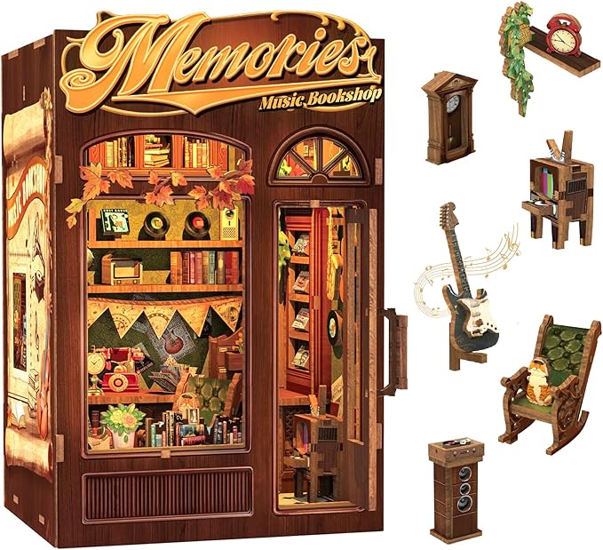 CUTEBEE Book Nook Kit - DIY Miniature House Dollhouse Kit for Adult and Teens, Booknook Bookshelf Decor Alley Model Build with LED Light, Gifts for Family and Friends (Memories Music Bookshop)