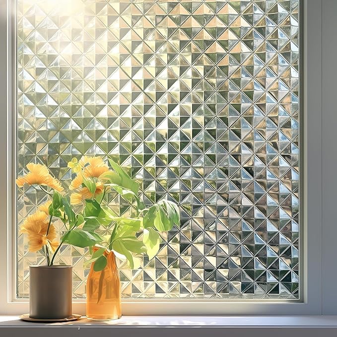 Qualsen Window Privacy Film, Stained Glass Window Film Heat Control UV, Frosted Rainbow Bathroom Decorative Film 3D Static Clings, Peel and Stick Window Tint for Home,11.8x78.7inch