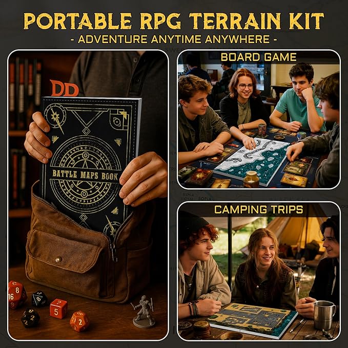 CZYY DND Battle Map Book – 32 Reusable Dry/Wet Erase Mats with 100+ Scenery Decals, 1" Grid & Lay-Flat Binding - Portable RPG Terrain Kit for Campaigns, Game Night & Miniature Battles (Style A)