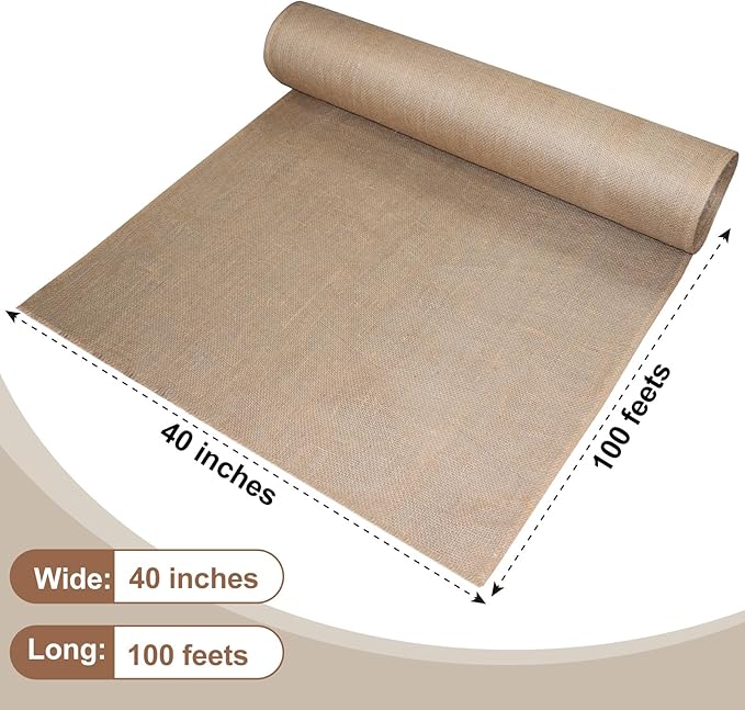 Garden Burlap Roll, 40" x 100 Feet Natural Jute Burlap Fabric Roll for Gardening Raised Bed Liners,Seed Cover,Edging,Weed Barrier,Aisle Runner Plant Cover Tree Protections (40" x 100 Feet)