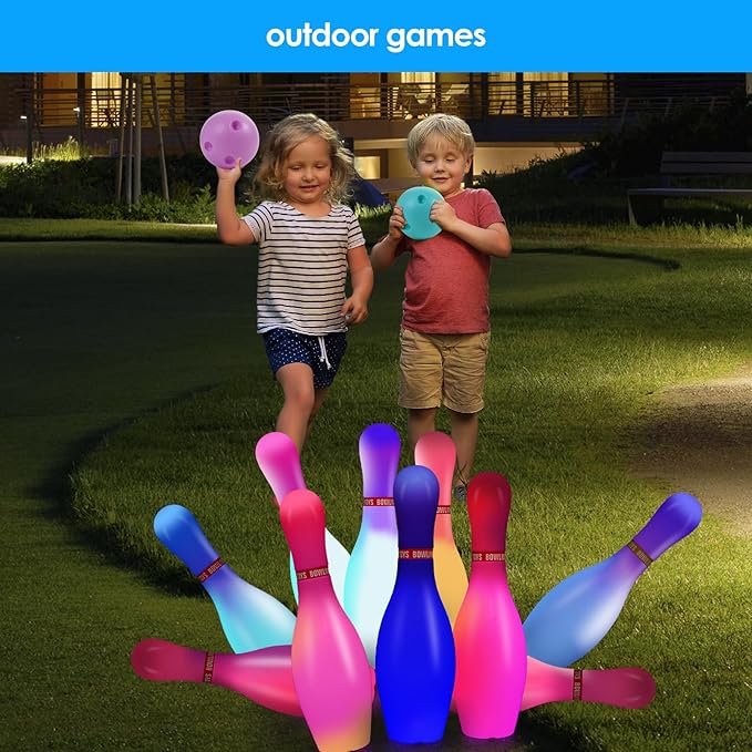 Light Up Bowling Set, Glow in The Dark Bowling Balls & Pins for Outdoor and Indoor Kids Games Fit Christmas Birthday Party Lawn Yard Carnival Games, Kids Education Motor Skills Toys