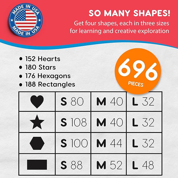 Basic Shapes 2: Hearts, Stars, Hexagons, Rectangles, 696 Pieces US Made Card Stock Punch Out Geometric Shapes in 3 Sizes and 4 Primary Colors for Math, Pattern Play and DIY Crafting