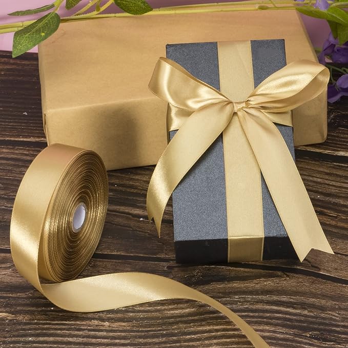 1 Inch Champaign Gold Solid Satin Ribbon, 50 Yards Craft Fabric Ribbon for Gift Wrapping Floral Bouquets Wedding Party Decoration