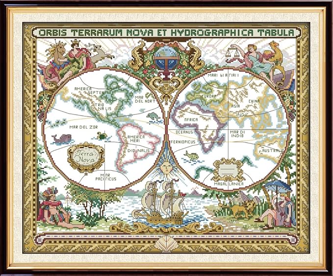 Stitchmelody Stamped Cross Stitch Kits,14CT Printed Pattern DMC Threads Embroidery Kit-Ancient World Map 20''×16.5''