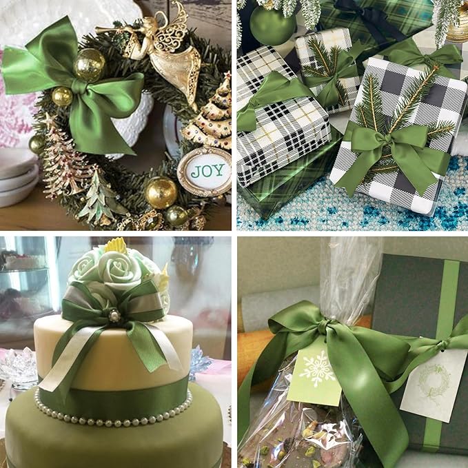 1" x 100 Yards Olive Green Polyester Satin Ribbon Single Faced Bulk Fabric Ribbons for Gift Wrapping, Crafting, Bows Making, Flower Bouquet, Wedding, Home Decor