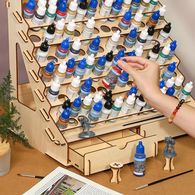 Paint Organizer with Brush Holder – 105-Bottle Holder with 6 Miniature Stands – Brush and Paint Storage for Miniature Painting