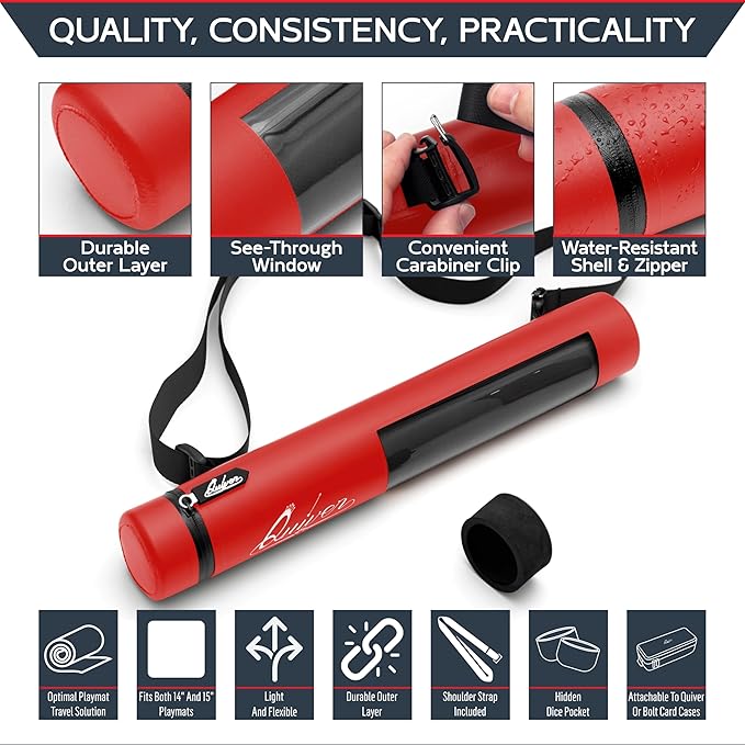 Quiver Time Red XL Orion Playmat Tube - TCG MtG Playmat Tube Case Bag with Waterproof Zipper, Hidden Dice Pocket, Adjustable Removable Shoulder Strap, See-Through Window, Fits 14" and 15" playmats