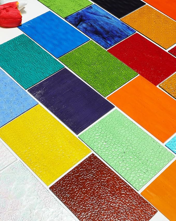 50 Transparent Stained Glass Sheets Bulk, Variety Colors Textured Cathedral Art Glass Sheets for DIY Mosaic Crafts, 4”x6” Vibrant Colored Glass Tiles Pieces for Home Decor