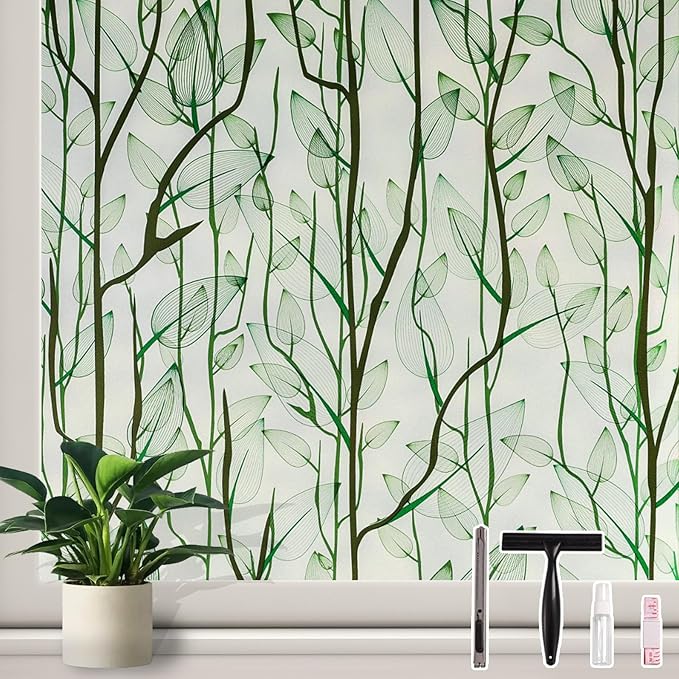 Donox Frosted Glass Window Film Heat Control UV Blocking, Static Cling Reusable Home Bathroom Door Window Privacy Film, Green Leaf Pattern Window Covering with Installation Tool, 35.4 in x 6.5 feet