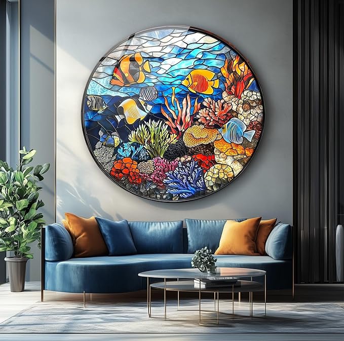 My Photostation.com 31.5''(80cm) Diameter Coral Reef Mosaic Round Glass Wall Art Tempered Glass Printing Wall Decor Large Wall Art Wall Hangings