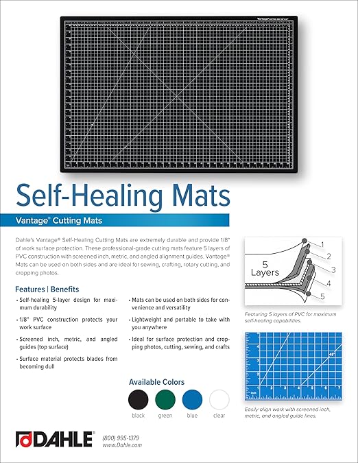Dahle Vantage 10471 Premium Self-Healing Cutting Mat, 12"x18", 1/2" Grid, 5 Layers for Max Healing, Perfect for Crafts & Sewing, Green