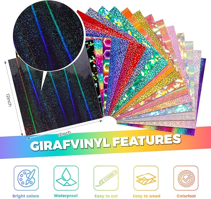 GIRAFVINYL Glitter Holographic Vinyl Bundle, Rainbow Holographic Permanent Vinyl 12" x 12" 17 Sheets Rainbow Glitter Vinyl Permanent for DIY Stickers, Signs, Cup, Home and Car Decorations