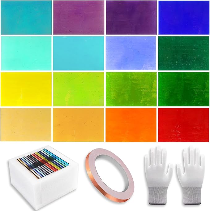 16 Sheets 4x6 in Iridescent Stained Glass Sheets, Glass Cathedral Art, Mosaic Glass, Glass Sheets Supplies with Copper Foil Tape and Gloves for Glass Lovers DIY (Transparent)