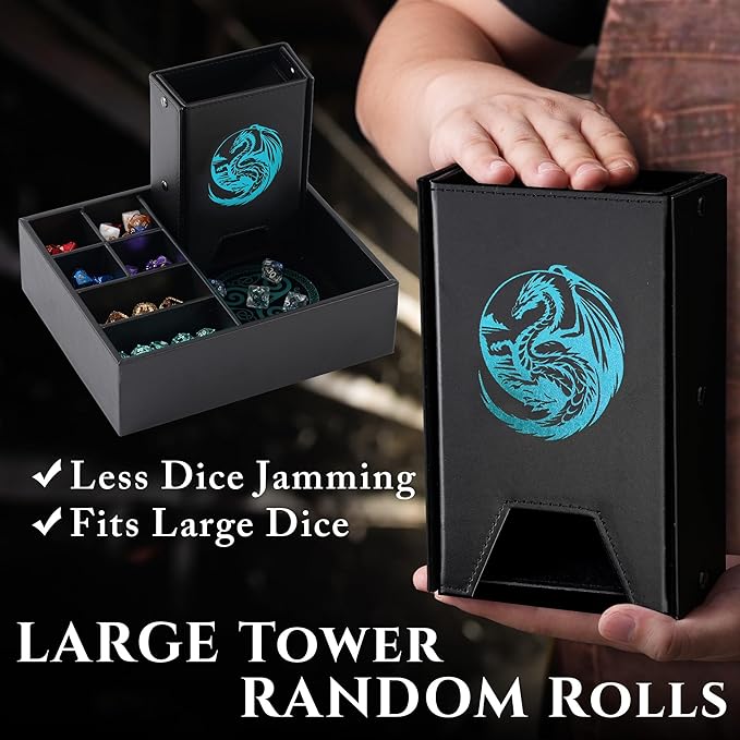 Soar Forge Dice Tray and Dice Tower for DND and RPG - All-in-One Game Roamer Tray & Large Tower for Random Rolls - Stores Your Sets, Mini's and More Compatible with D&D (Blue Dragon)