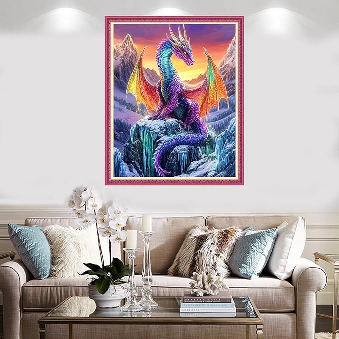 Redxing Stamped Cross Stitch Kits Full Range of Embroidery Starter Kits- Needlepoint Counted Cross Stitch Kits for Beginner Adults 11CT Printed Embroidery Kit-Snow Mountain Colored Dragon 16x20 inch