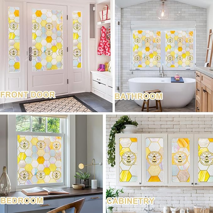 3D Stained Glass Window Privacy Film, Heat Control UV Blocking Static Cling Decorative Window Film for Bathroom,Front Door,Home Non Adhesive,23.6 x 35.4 inches Honey