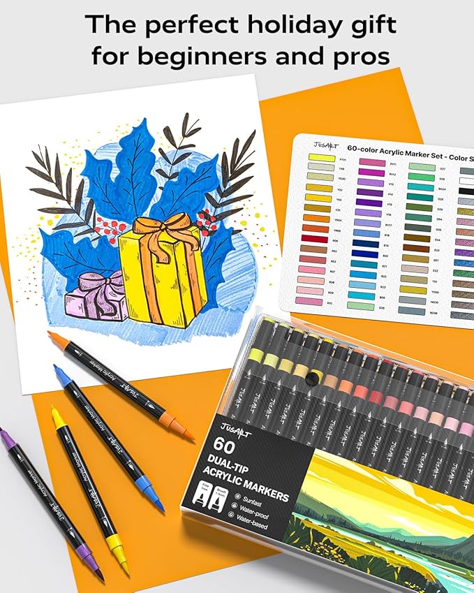 JusArt 36 Colors Dual Tip Acrylic Paint Pens Markers, Brush and Fine Tip, Premium Paint Pens for Wood, Canvas, Egg, Stone, Fabric, Rocks, Metal, Glass, Ceramic, DIY Crafts Making Art Supplies Gifts