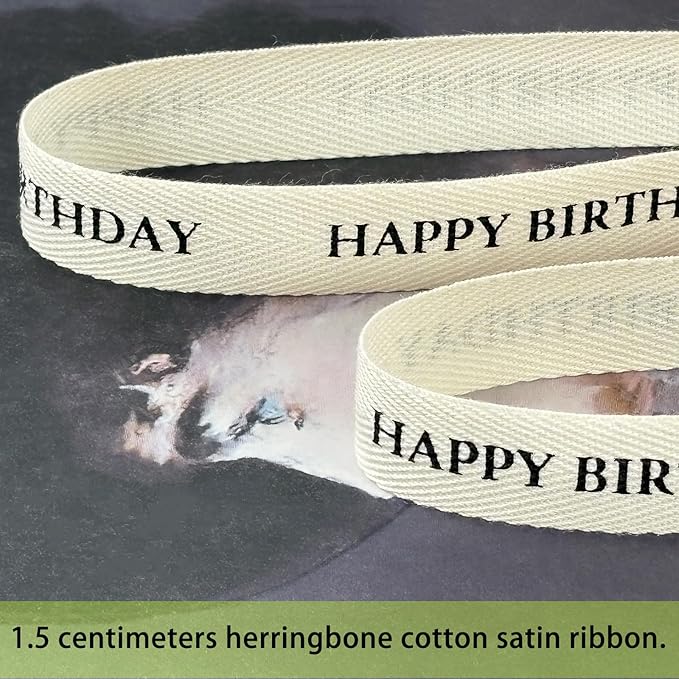 Cotton Herringbone Ribbon - Natural Twill Tape for Custom Gift Wrapping & DIY Crafts-5/8 Inch x 15 Yards - Happy Birthday Printed Phrase