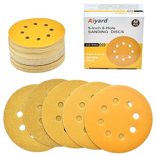 5-Inch 8-Hole Hook and Loop Sanding Discs, 60/80/120/220/400 Assorted Grits Gold Sanding Disc for Random Orbital Sander, 50-Pack