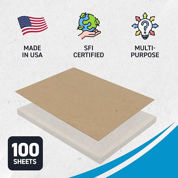 MagicWater Chipboard Sheet for DIY Projects - 8.5x11 Inch - 100 Pack - 0.050 Inch Thick - Heavy Duty Kraft Paperboard, Ideal for Scrapbooking, Books, Picture Frame Backing, Arts Project & Crafts