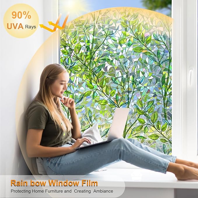 Window Privacy Film Stain Glass Window Film Rainbow Window Film Window clings Non-Adhesive Reusable Decorative for Room (Leaf Rainbow, 45.2 x 157.4 in)