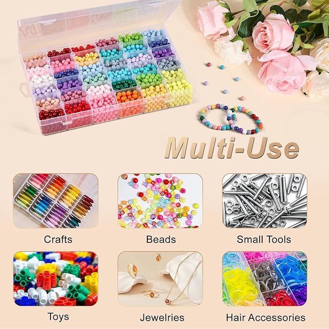 36 Grids Large Plastic Organizer Box with Adjustable Dividers, Clear Compartment Storage Container Tackle Box with Label Stickers for Beads, Crafts, Jewelries, Tools