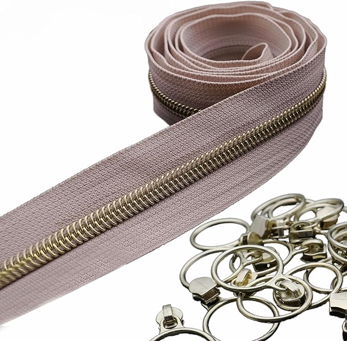 Leekayer #5 Gold Metallic Nylon Coil Zippers by The Yard Bulk 10 Yards Beige Zipper Tape with 25pcs Gold Ring Pull Sliders for DIY Sewing Tailor Craft Bag(Beige)