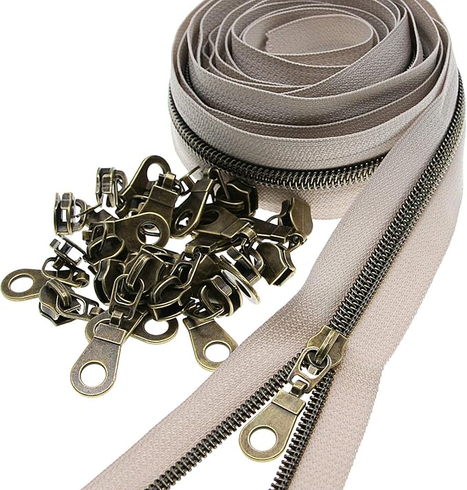 Leekayer #5 Antique Brass Teeth Metallic Nylon Coil Zippers by The Yard Bulk 10 Yards Beige Tape with 25pcs Brass Sliders for DIY Sewing Tailor Craft Bag(Beige)