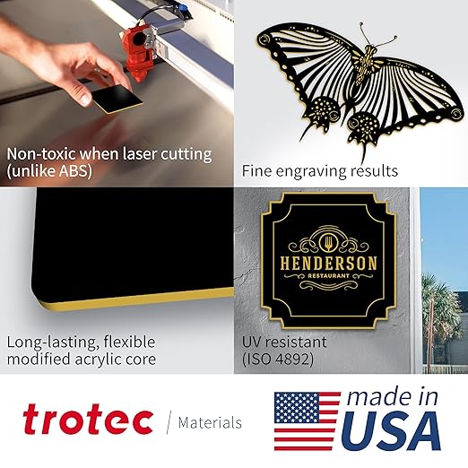 Trotec TroLase | 12"x24"x1/16", 4 Pcs | Gloss Black/White | 2 Ply | Modified Acrylic | Laser Engraving Double Color Plastic Sheet | Engraving Blanks for Laser, Saw, Guillotine | Made in USA